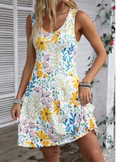 White Lightweight Floral Print A Line Sleeveless Dress