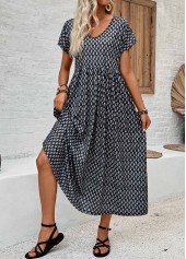 Black Pocket Geometric Print Short Sleeve V Neck Dress | thumb picture 