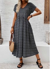 Black Pocket Geometric Print Short Sleeve V Neck Dress | thumb picture 