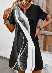 White Button Geometric Print Short Sleeve Split Neck Dress | thumb picture 