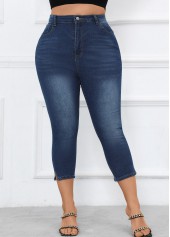 Denim Blue Button Plus Size Skinny High Waisted Pants
