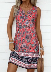 Coral Tummy Coverage Tribal Print Sleeveless Round Neck Dress