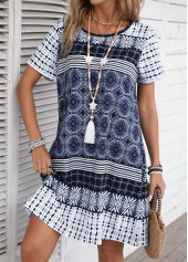 Blue Tribal Print A Line Short Sleeve Dress