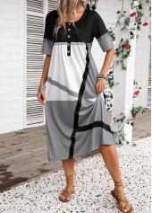 Dark Grey Button Geometric Print Half Sleeve Dress | thumb picture 
