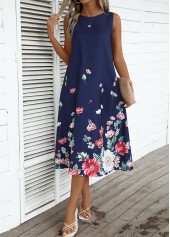 Navy Breathable Floral Print A Line Sleeveless Dress