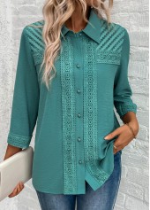 Turquoise Button Patchwork 3/4 Sleeve Shirt | thumb picture 