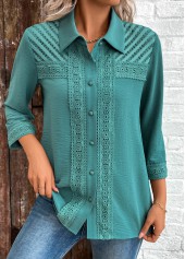 Turquoise Button Patchwork 3/4 Sleeve Shirt