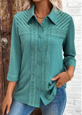 Turquoise Button Patchwork 3/4 Sleeve Shirt | thumb picture 