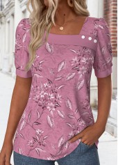 Dark Reddish Purple Asymmetry Floral Print T Shirt