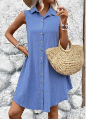 Denim Blue Button A Line Sleeveless Shirt Collar Dress | thumb picture 
