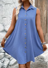 Denim Blue Button A Line Sleeveless Shirt Collar Dress | thumb picture 