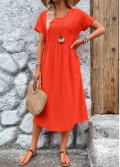 Neon Red Pleated Short Sleeve Round Neck Dress | thumb picture 
