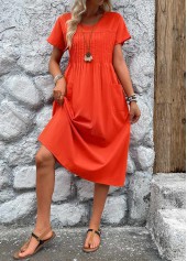 Neon Red Pleated Short Sleeve Round Neck Dress | thumb picture 