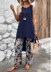 Navy Lightweight Tribal Print Ankle Length Top  and Pants