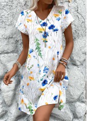 White Lightweight Floral Print A Line Short Sleeve Dress