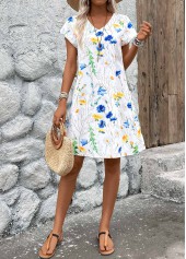 White Lightweight Floral Print A Line Short Sleeve Dress | thumb picture 