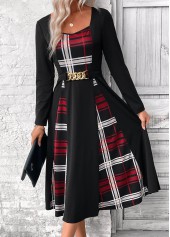 Black Patchwork Plaid Belted Long Sleeve Square Neck Dress | thumb picture 