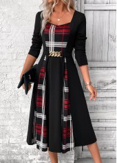 Black Patchwork Plaid Belted Long Sleeve Square Neck Dress | thumb picture 