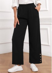 Black Button Elastic Waist High Waisted Pants