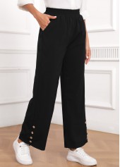 Black Button Elastic Waist High Waisted Pants