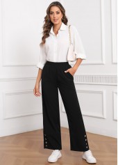 Black Button Elastic Waist High Waisted Pants