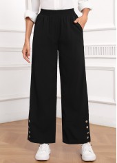 Black Button Elastic Waist High Waisted Pants