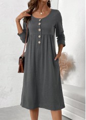 Dark Grey Marl Button Long Sleeve Scoop Neck Dress | thumb picture 