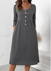 Dark Grey Marl Button Long Sleeve Scoop Neck Dress | thumb picture 