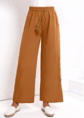 Dark Camel Button Elastic Waist High Waisted Pants | thumb picture 