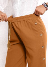 Dark Camel Button Elastic Waist High Waisted Pants | thumb picture 