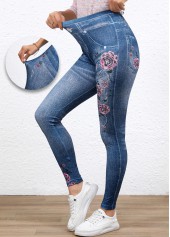 Denim Blue Denim-effect Print High Waisted Ankle Length Leggings