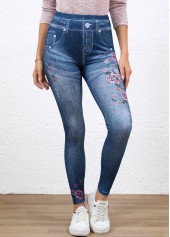 Denim Blue Denim-effect Print High Waisted Ankle Length Leggings | thumb picture 