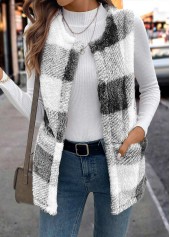 Black Faux Fur Plaid Sleeveless Round Neck Waistcoat | thumb picture 