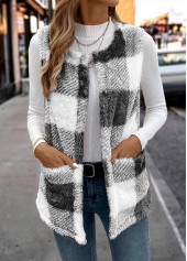 Black Faux Fur Plaid Sleeveless Round Neck Waistcoat