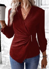 Wine Red Surplice Long Sleeve V Neck Shirt | thumb picture 