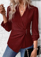 Wine Red Surplice Long Sleeve V Neck Shirt