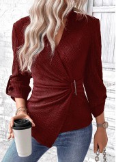 Wine Red Surplice Long Sleeve V Neck Shirt | thumb picture 