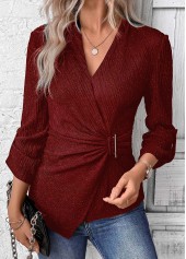 Wine Red Surplice Long Sleeve V Neck Shirt | thumb picture 
