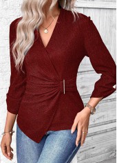 Wine Red Surplice Long Sleeve V Neck Shirt | thumb picture 
