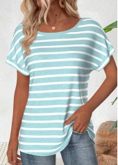 Light Pink Striped Short Sleeve Boat Neck T Shirt