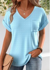 Light Blue Jacquard Short Sleeve V Neck T Shirt
