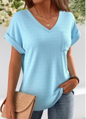 Light Blue Jacquard Short Sleeve V Neck T Shirt