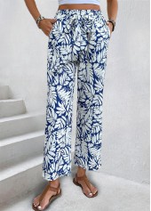 Navy Leaf Print Straight Leg Elastic Waist Pants | thumb picture 