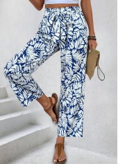 Navy Leaf Print Straight Leg Elastic Waist Pants | thumb picture 