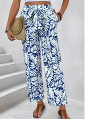 Navy Leaf Print Straight Leg Elastic Waist Pants | thumb picture 