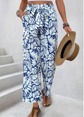 Navy Leaf Print Straight Leg Elastic Waist Pants