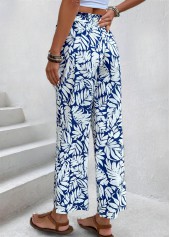 Navy Leaf Print Straight Leg Elastic Waist Pants | thumb picture 