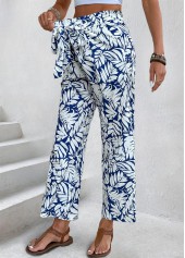 Navy Leaf Print Straight Leg Elastic Waist Pants | thumb picture 