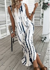 Beige Tie Dye Print Maxi A Line Sleeveless Dress