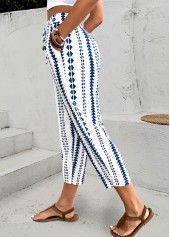 Navy Geometric Print Elastic Waist High Waisted Pants | thumb picture 